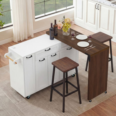 102.3" Kitchen Island with Extendable Dining Table, Kitchen Rolling Island Cart with Trash Storage Cabinet, 3-Tier Pull-Out Spice Rack, Mobile Island Table on Wheels for Kitchen, Dining Room