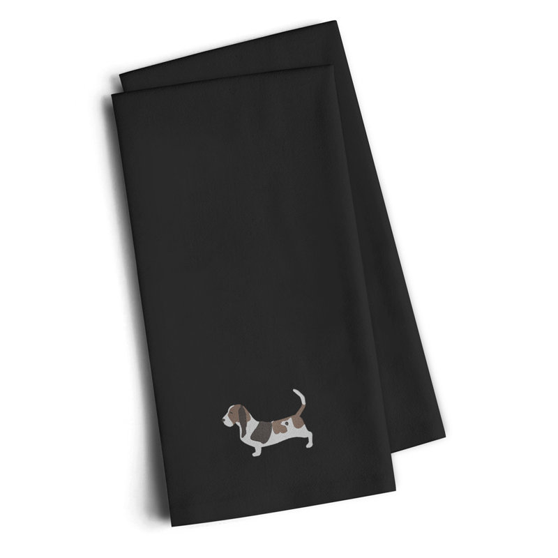Serviette à thé de cuisine brodée basset hound, Noir, H 25 po x l 16 po x P 0,1 po