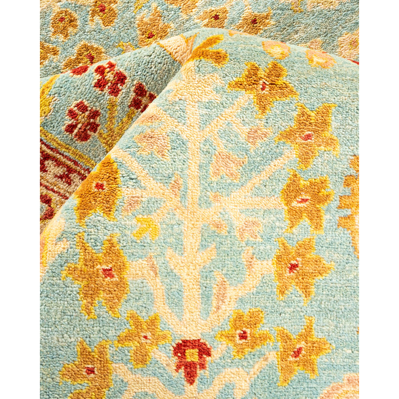 Tapis bleu clair noué à la main de conception unique 8 x 10 Samata