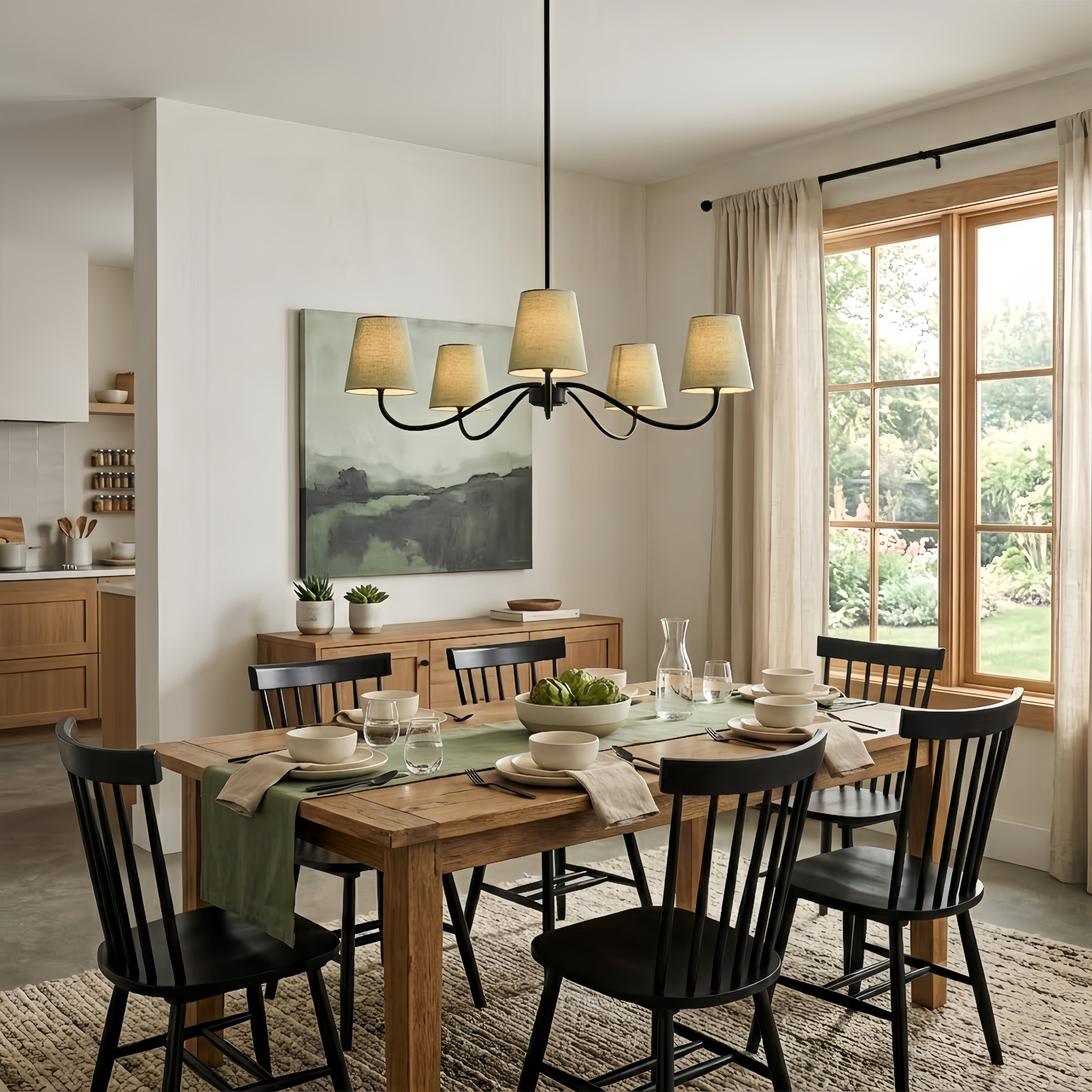 Wrought Iron 5-Light Chandelier, Matte Black, Green