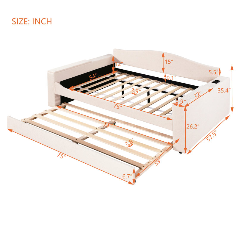 Lit de jour avec rangement pour accoudoirs et lit gigogne, son intégré pour un espace de rangement relaxant, Beige