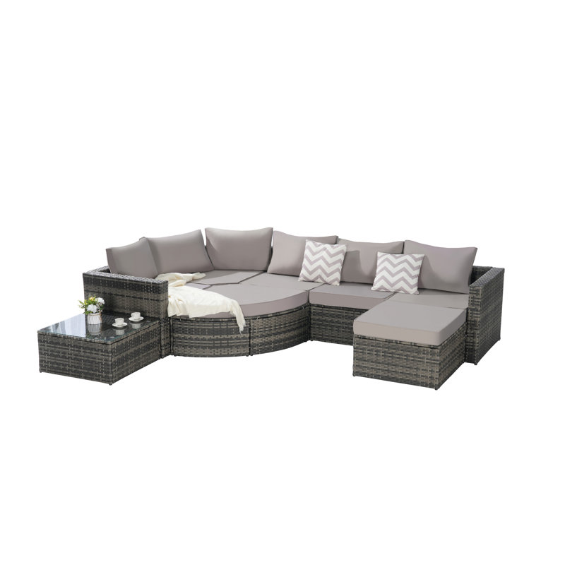 Ensemble de canapé d'extérieur 8 pièces, ensemble de conversation modulaire en forme de L en osier avec repose-pieds courbé et table en verre pour la piscine