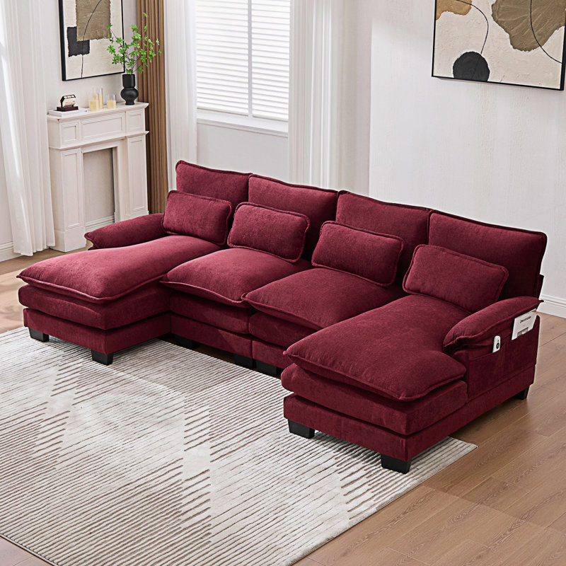 Canapé modulaire en U en chenille confortable 4 places avec méridienne double et mousse à mémoire de forme pour une vie moderne