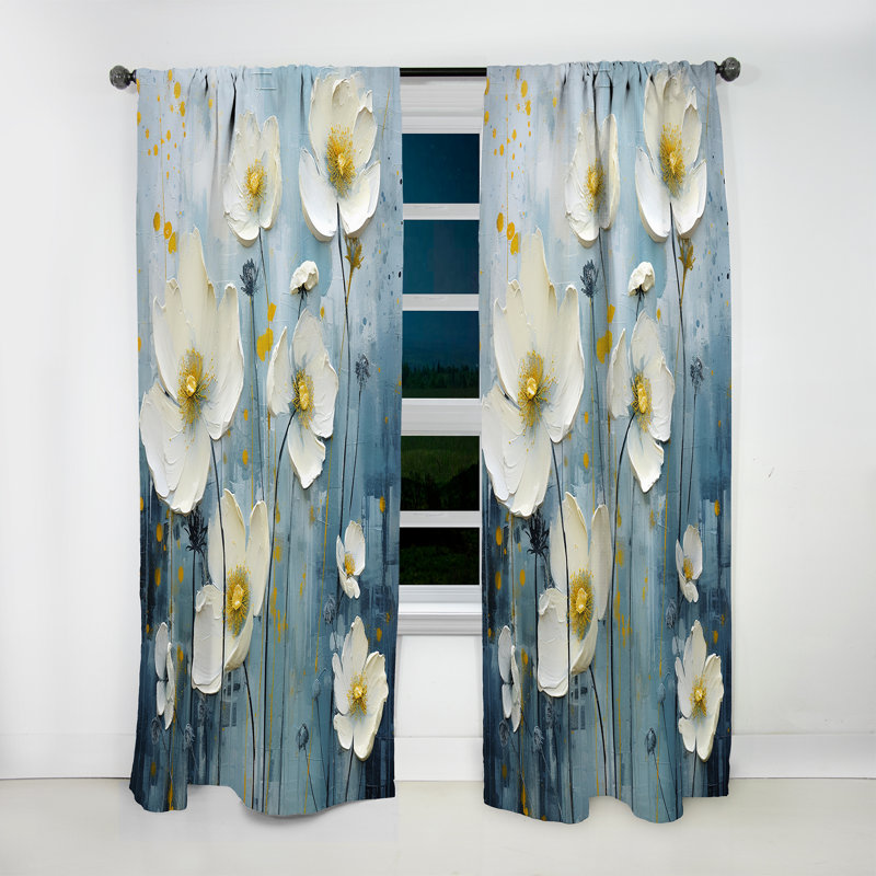 Gennero White And Blue Buttercups Minimalism I - Traditional Curtain - Velvet Room Darkening - 1 panel, 52" W x 120" L