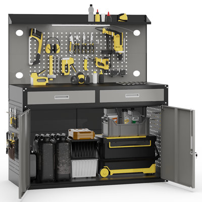 Établi robuste de 65 po avec tiroirs et armoire de rangement verrouillable - banc de travail d'une capacité de 2 000 lb avec organisateur de panneau perforé, table de travail avec lumière DEL réglable pour le garage, atelier et atelier de réparation