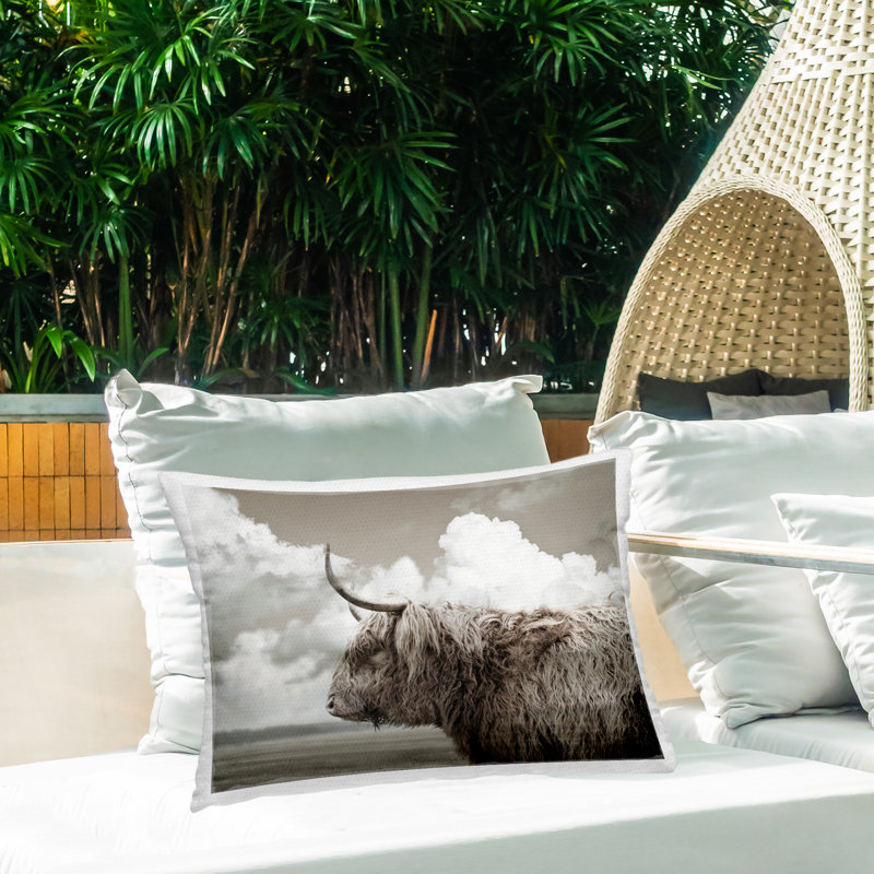 Longhorn Cattle & Clouds View Outdoor Printed Pillow design by CAD Designs