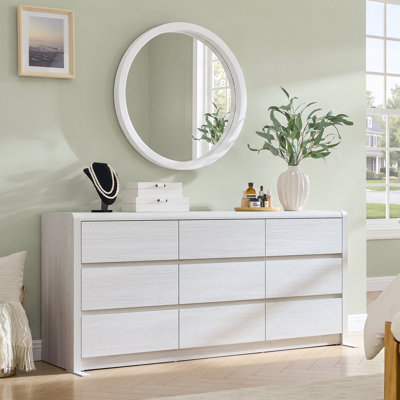 Commode blanche à 9 tiroirs, commode en bois à profil bas pour chambre à coucher