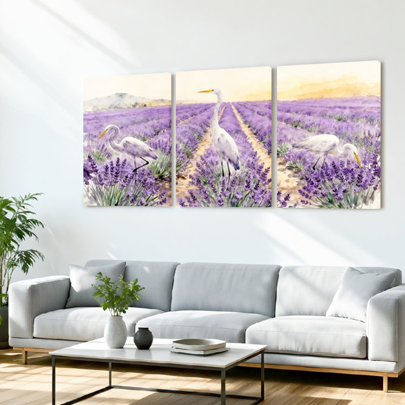 Ensemble de 3 tableaux sur toile représentant un champ de lavande avec des hérons blancs, H 18 po x l 36 po
