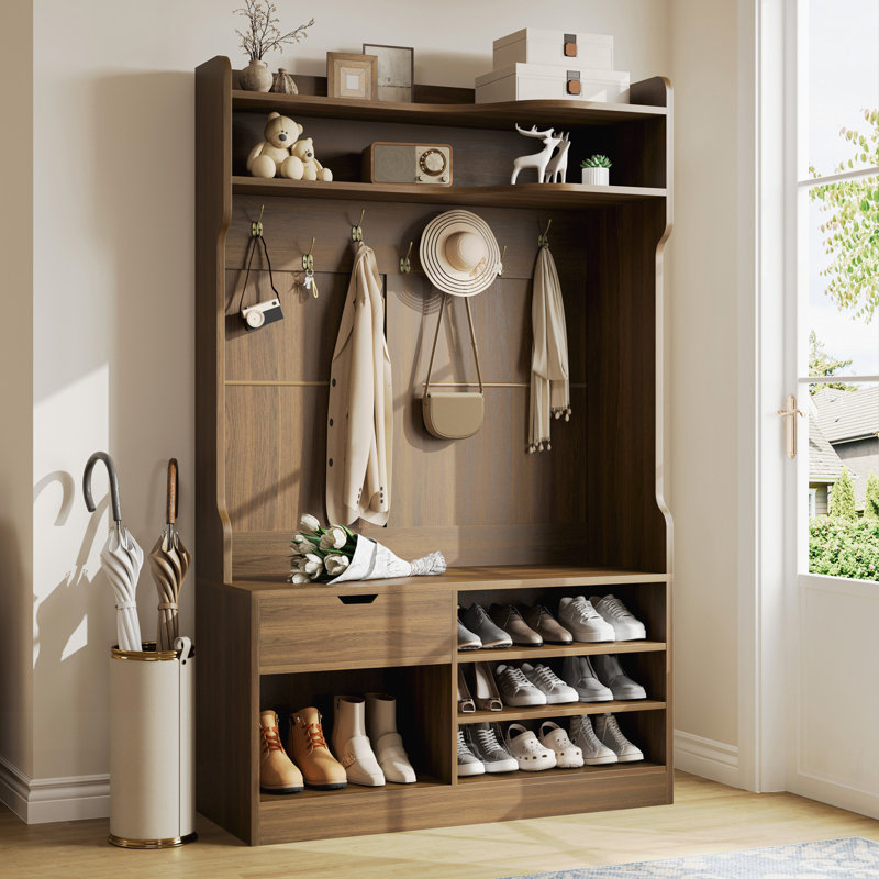 Arbre d'entrée avec banc, solution de rangement d'entrée 5 en 1, armoire à chaussures 3 couches, 7 crochets à manteau et tiroir