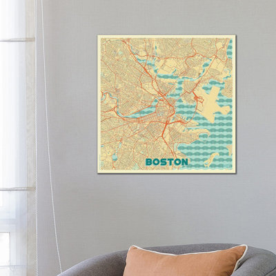 Boston Retro Urban Blueprint Map 1 Piece Wrapped Canvas Wall Art