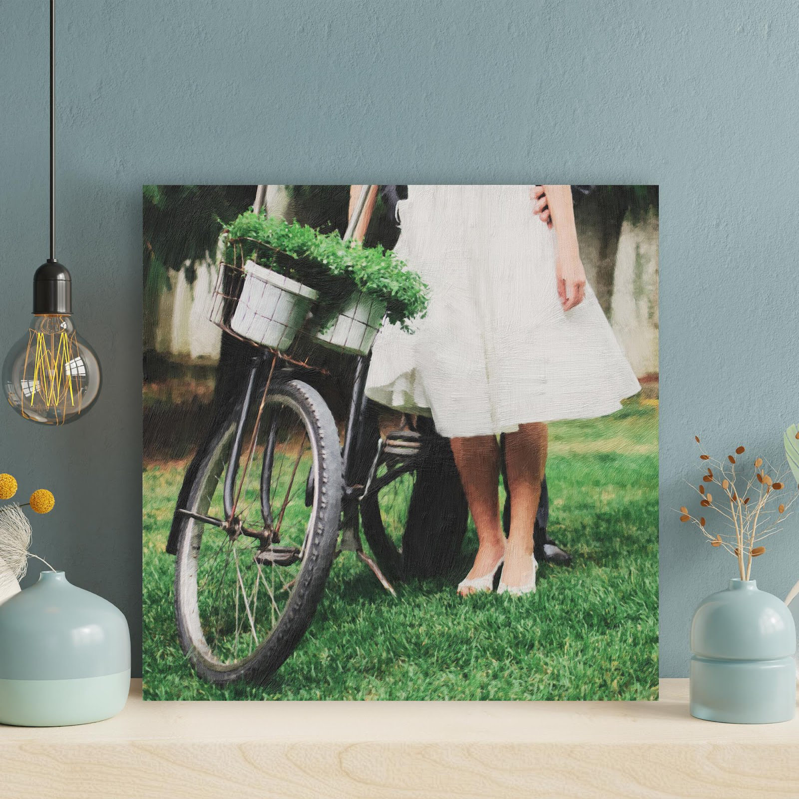 Standing Print Latitude Run® Person Standing Besides Black Bicycle - 1 Piece Rectangle ...