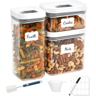 Paquet de 3 contenants de rangement pour aliments à couvercle à une touche avec couvercle, contenants en plastique empilables sans BPA pour l'organisation de la cuisine, avec étiquettes, marqueurs, tasses et brosse