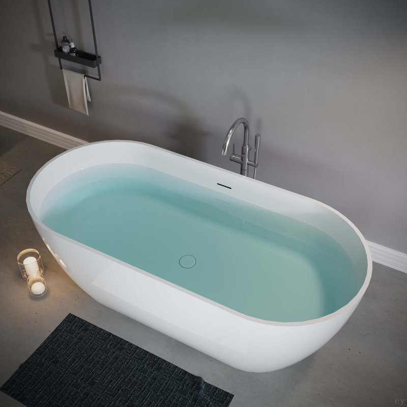 63" Freestanding Solid Surface Bathtub, Luxury Engineered Stone Resin Freestanding Soaking Bathtub With Overflow And Pop-Up Drain For Contemporary Bathroom