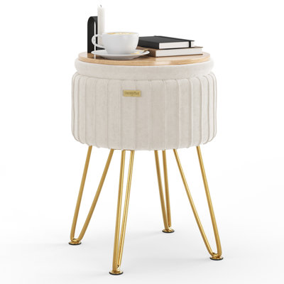Round Pleated Velvet Ottoman with Storage