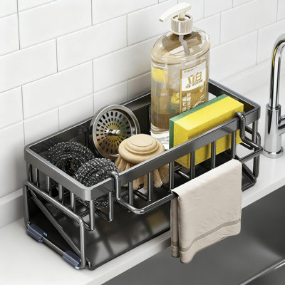 Kitchen Sink Sponge Holder And Organizer Caddy With Self Draining Design, Rustproof Storage Rack For Sponge, Soap Dispenser And Cleaning Tools