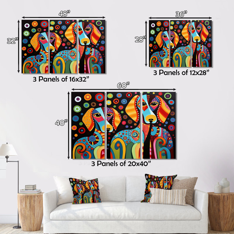 Art animalier sur toile, portrait de teckel décor géométrique - Portrait de deux teckels rétro géométrique