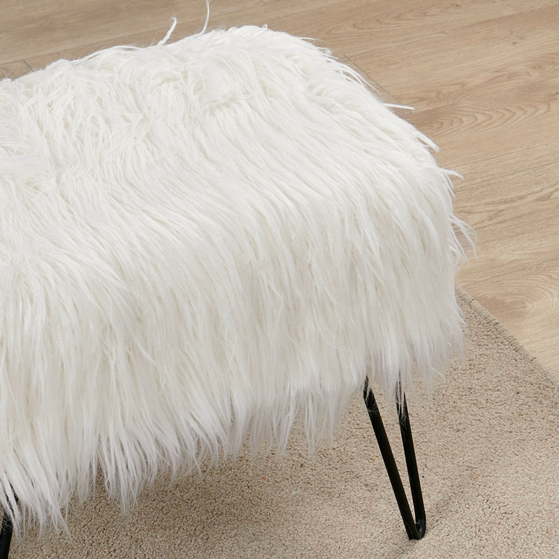 Keilia Upholstered Ottoman, Antique White Faux Fur