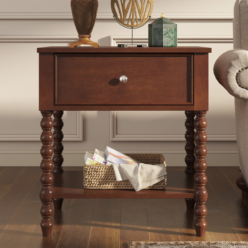 24'' Turned Solid Wood Spindle Nightstand with Drawer&Open Shelf,Walnut, Walnut, Individual