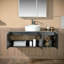Meuble-lavabo flottant mural de 48 po WOODBRIDGE - Lavabos vasques ronds en céramique et plateau en pierre d'ingénierie noire, finition laquée noir mat et accents dorés, style mural peu encombrant