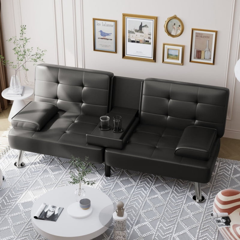 Futon Sofa Bed Convertible Folding Faux Leather Couch with 2 Cup Holders, Black