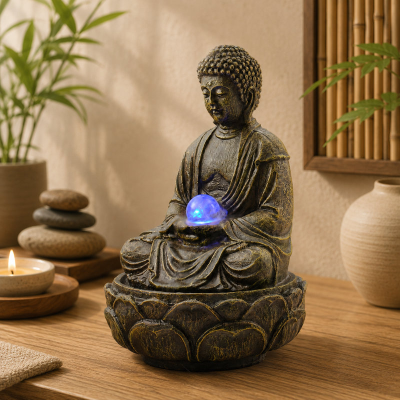 Fontaine de table de Bouddha lumineuse en résine 11 "à DEL pour bureau, salon, chambre à coucher et espace de méditation