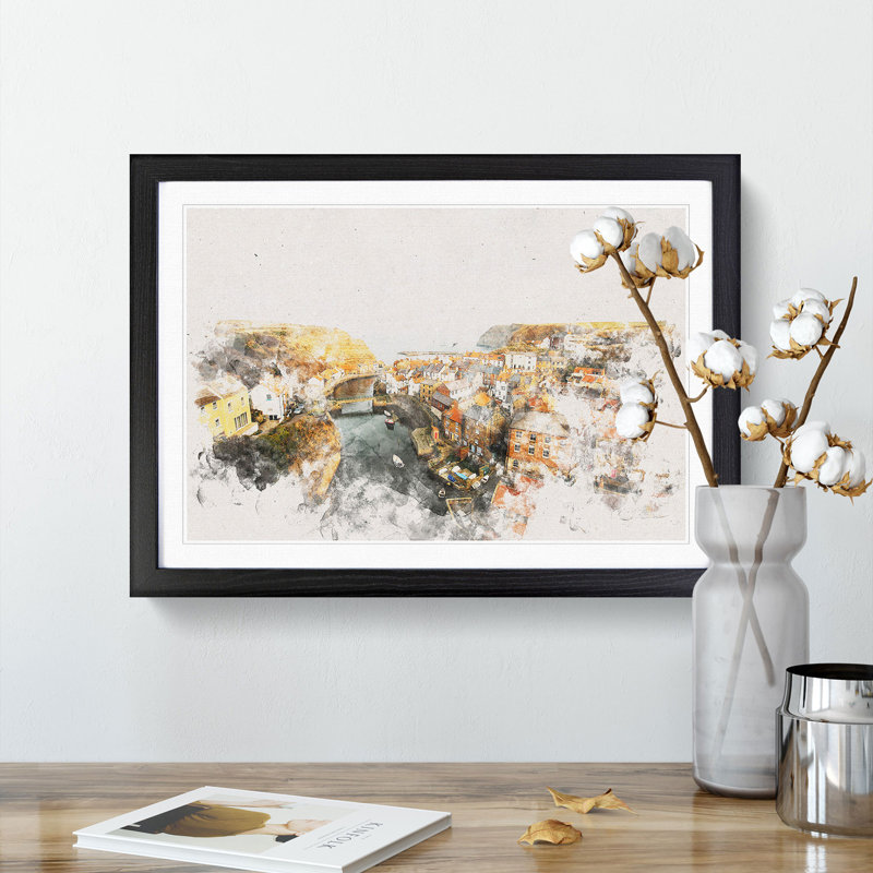 Staithes in North Yorkshire - Picture Frame Graphic Art Print, 45cm H x 63cm W x 2cm D, Black Framed