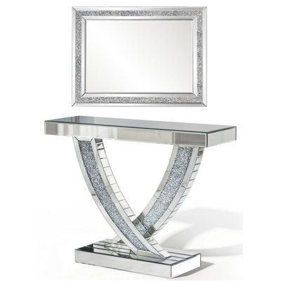 Vikenti Modern Glam Behind Sofa Console Table With Rectangle Crushed Crystal Framed Decorative Wall Mirror