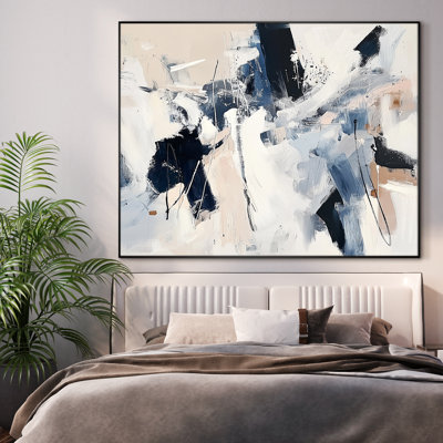 Extra Large Wall Art Fabric Print - Bold Black Blue Abstract Expressionist Style Artwork Decor for Living Room or Bedroom - "Frame Assembly Required (Unfinished Frame)"