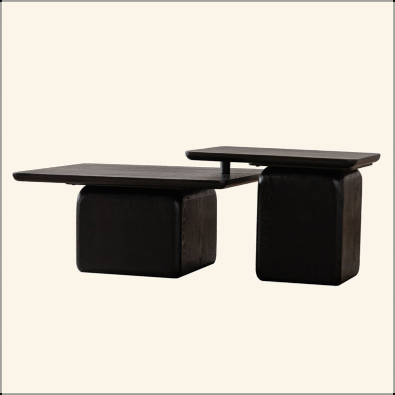 Ensemble de tables basses carrées de style rétro avec finition grain de bois, pour le salon, le bureau et la salle à manger, noir (ensemble de 2)