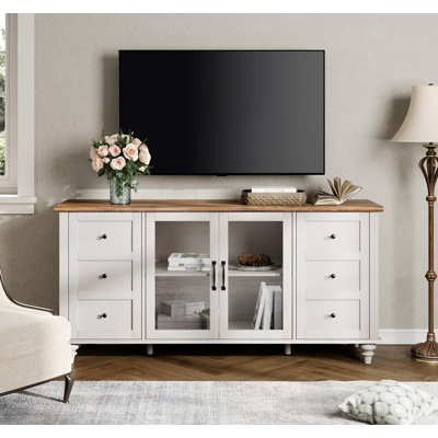 Ensemble de table de salon 4 pièces - Comprend une table moderne avec armoire de rangement, un meuble télé à porte en verre pour téléviseur de 65 pouces, un ensemble de 2 tables de bout avec station de charge et tiroir, blanc cassé
