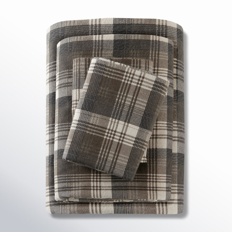 Ensemble de draps 100% flanelle de coton Woolrich, Ensemble de draps pour grand lit avec 2 taies d'or, Carreauté brun
