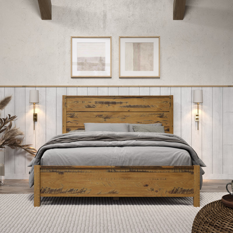 Structure de lit en bois de pin massif rustique Hibir avec garniture de protection, lit plateforme de la chambre principale de style campagne moderne, base de support à lattes robuste, aucun sommier nécessaire, style haut de gamme