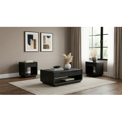 Wieren 3-Piece Ash Veneer Coffee Table and 2 End Tables Set with Drawer Storage, Burnished Black