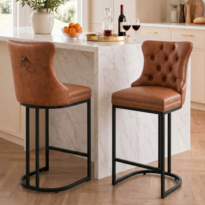 Aldana 26 Inch Bar Stools, Modern Counter Height Bar Stools with Backs, Upholstered Faux Leather Counter Stools
