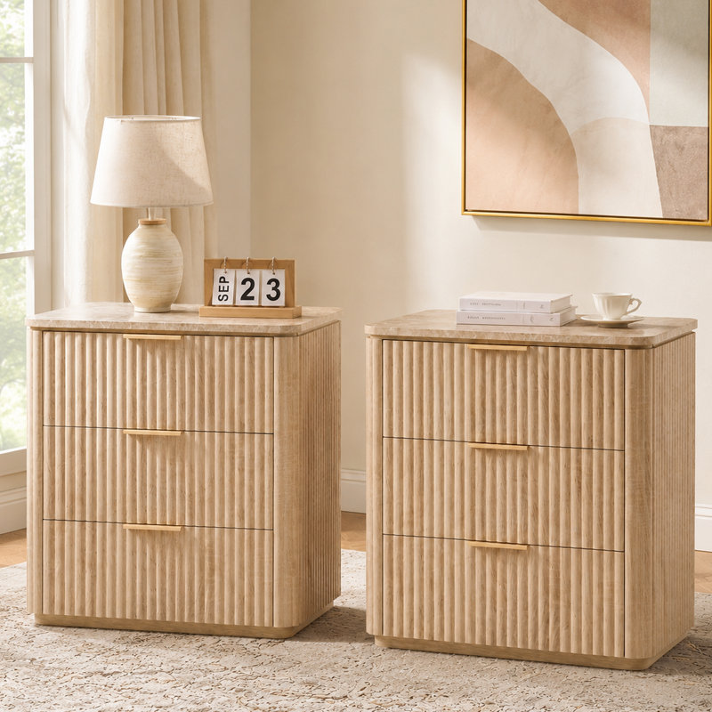 Modern Fluted Nightstand, 3-Drawer Nightstand with 1.97"-Thick Fluted Panels and Faux Marble Top, Oak, Oak, Set of 2