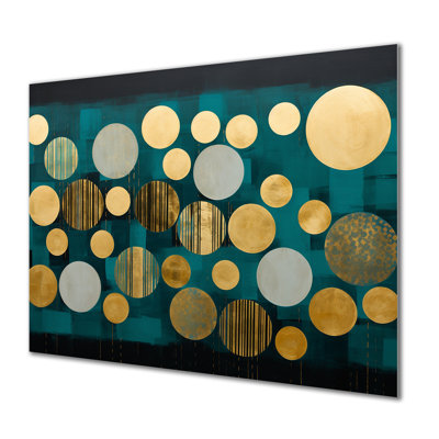 Golden Circles Dance On Teal Blue - Abstract Geometric Wall Art