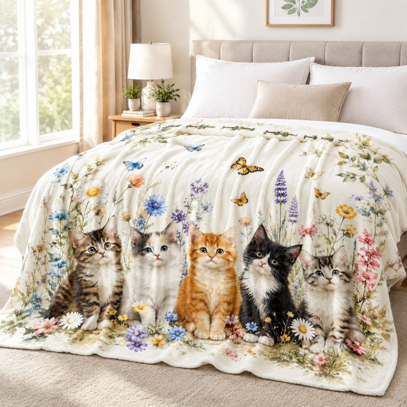Cute Cat Print Throw Blanket, Adorable Kittens and Butterflies Design, Soft Cozy Flannel Blanket for Sofa Couch Bedroom Living Room Home Decor