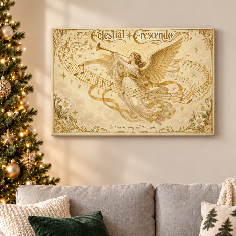 Toile de Noël avec ange doré jouant de la trompette avec notes de musique, 20"H x 30"W