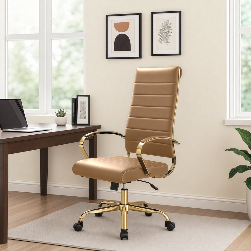 Humairaa Leather Office Chair – Executive Task Chair with Swivel, Adjustable Height & Gold Base for Home Office or Conference Room