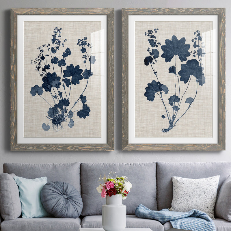 Bleu marine et feuilles de lin II - ensemble de 2 reproductions d'art sur papier encadré, H 43,5 po x l 31,5 po, Gris