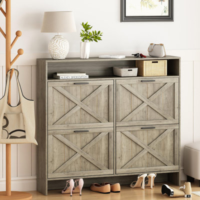 Shoe Storage Cabinet With 4 Flip Drawers, Anti-Tip Shoe Rack For Entryway, Rustic Gray