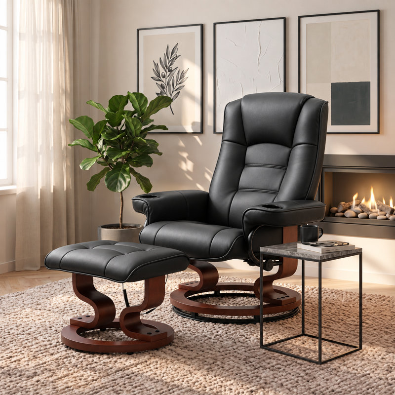 Leather Heated Massage Recliner Chair with Ottoman, Black