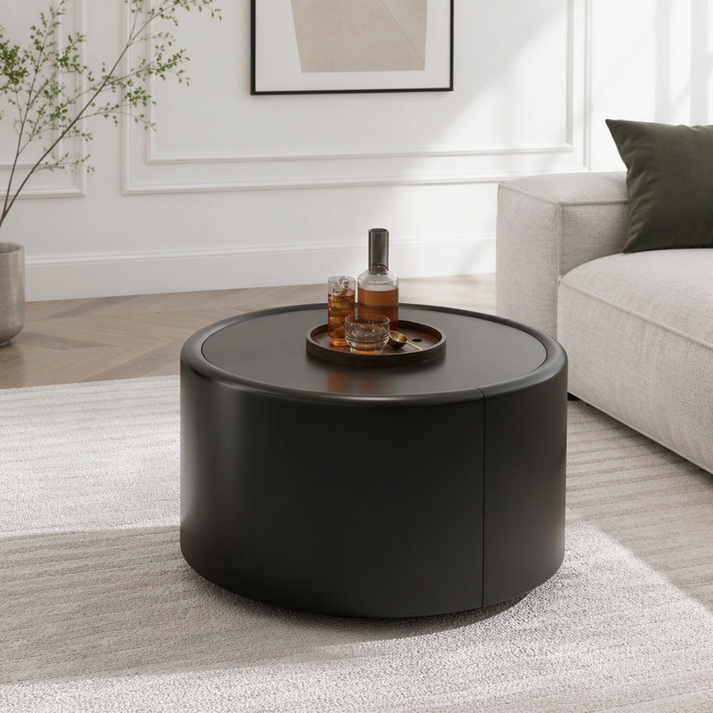 Table basse ronde avec plateau en verre trempé et rangement dissimulé, L 27,56 po, Black