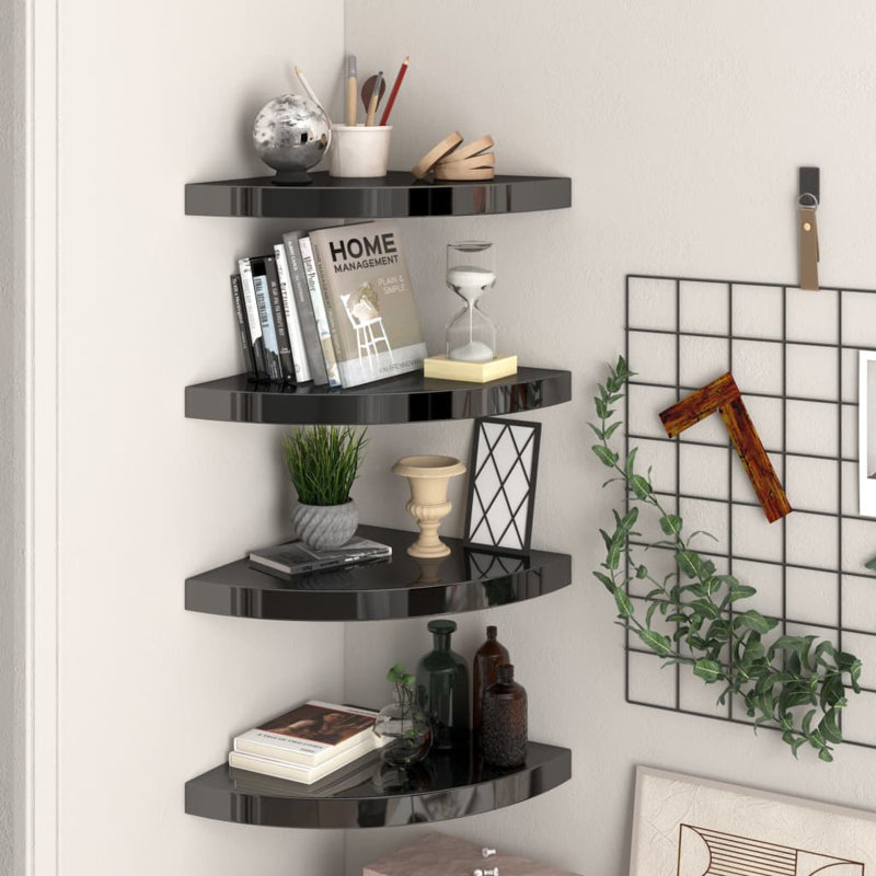 Wall Corner Shelf Floating Corner Shelf Wall Mounted Display Shelf, 1.5" H x 13.8" W x 13.8" D, High Gloss Black