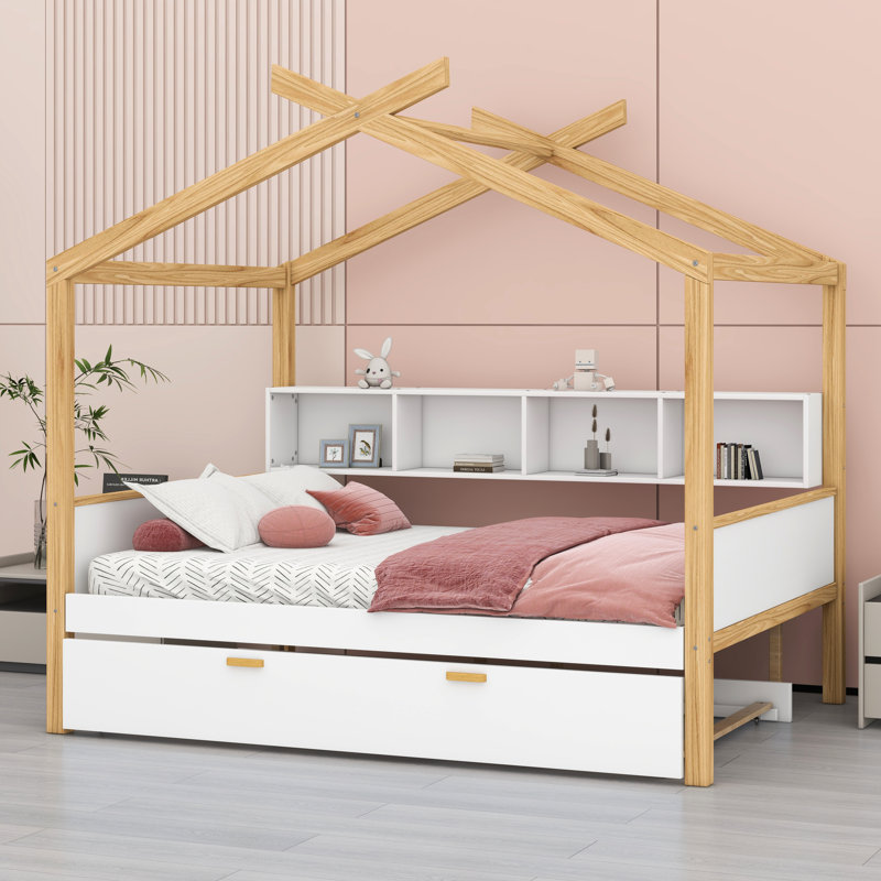 Lit double en bois Molik avec lit gigogne simple et 4 tablettes