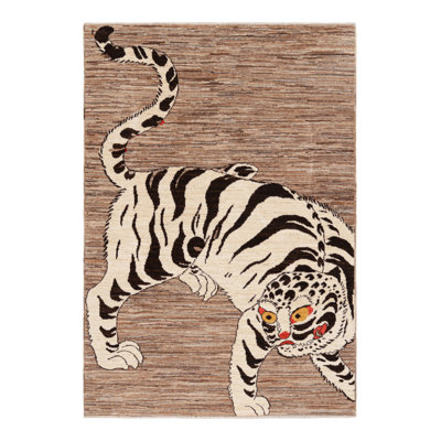 Rug & Kilim's Contemporary Tiger Pictorial Rug In White And Black Tones
