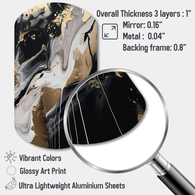 Back And Gold Marble Medley III - Asymmetrical Abstract Marble Metal Wall Decor, Cylinder Metal Wall Sculpture Print
