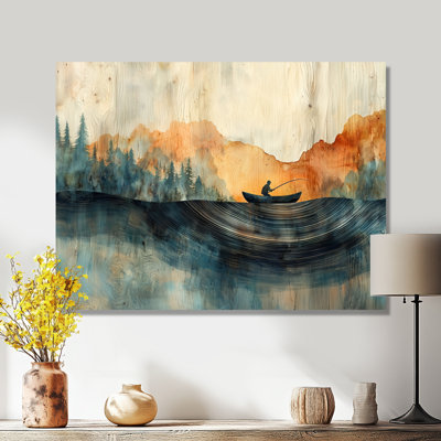 Pêche, tranquillité en bois, glissade en bois, paysage III - bateau de pêche, décoration murale en métal