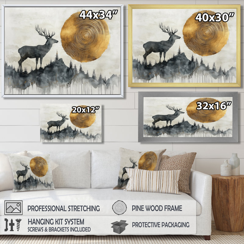 Golden Deer Landscape Grace In The Wild II - Deer, art mural, H 28 po x l 60 po, Toile tendue sur cadre, Ne s’applique pas
