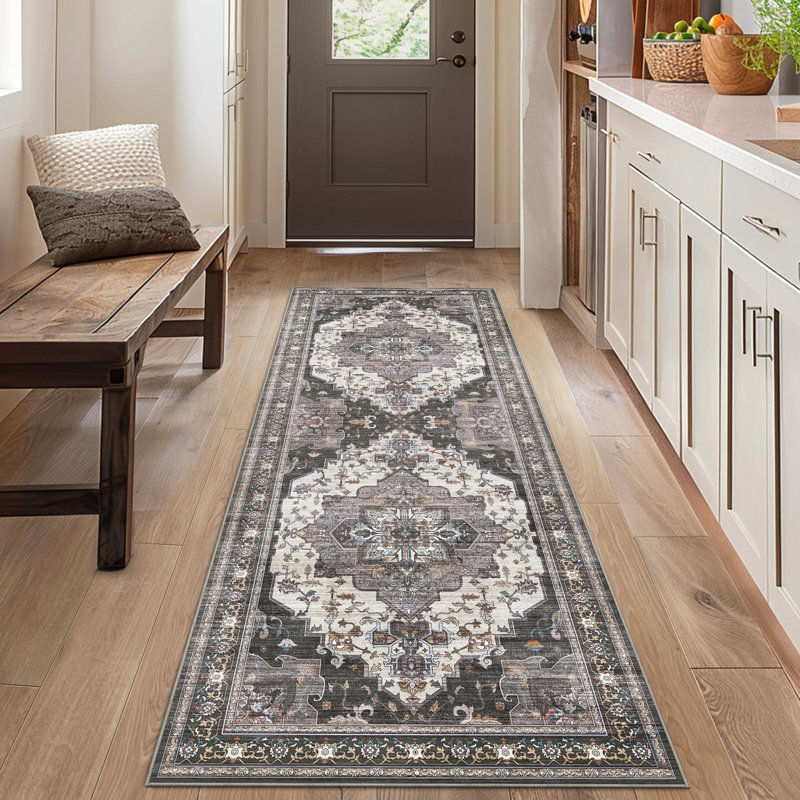 Tapis de couloir oriental gris foncé antidérapant et lavable à la machine Oriental, Tapis de couloir 2 pi x 10 pi